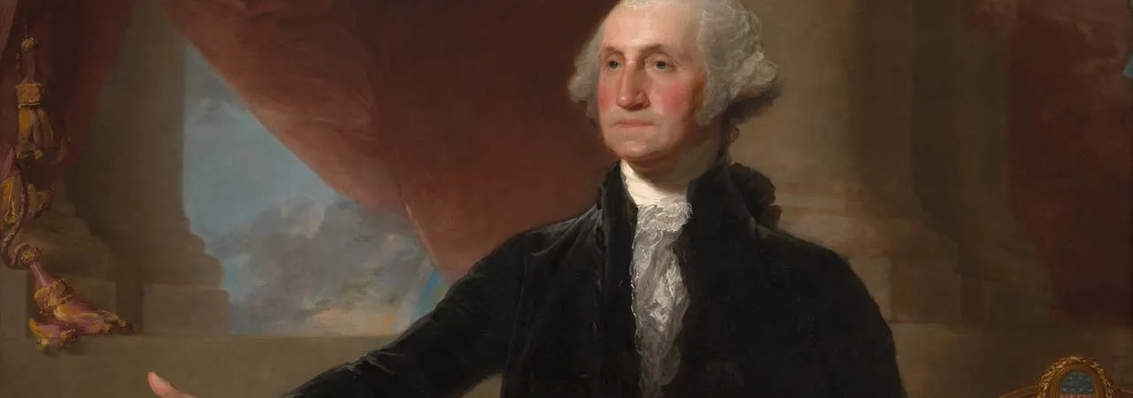 Full-length portrait by Gilbert Stuart of George Washington standing beside a table, dressed in a black suit and extending one hand outward.