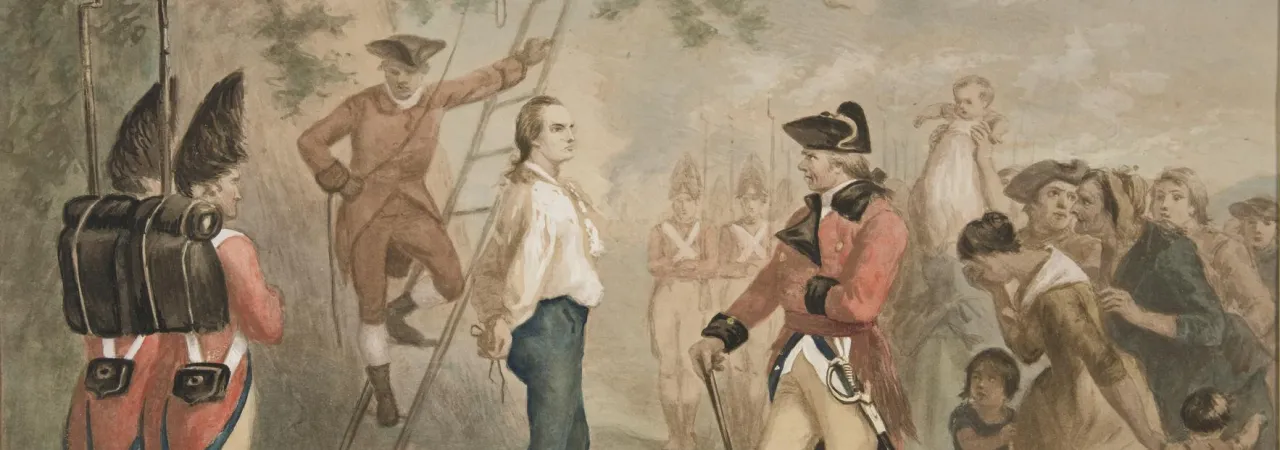 A watercolor image depicting Nathan Hale standing under a tree while a British officer, on a ladder above him, prepares to hang him. 