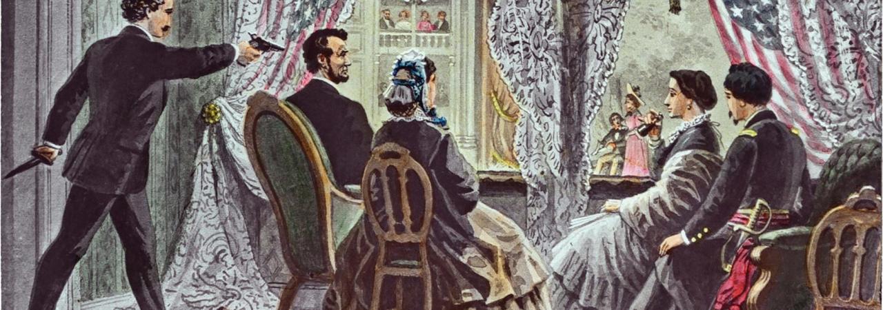 Restored colored slide image showing an illustration of Lincoln being shot