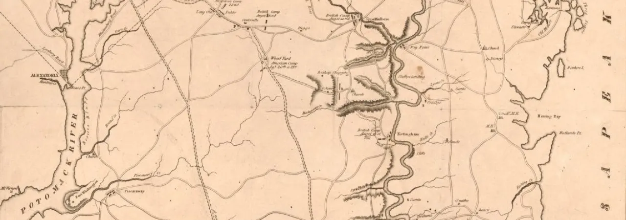 Map of Maj. Gen. Ross's route with the British column from Benedict on the Patuxent River to the city of Washington August 1814