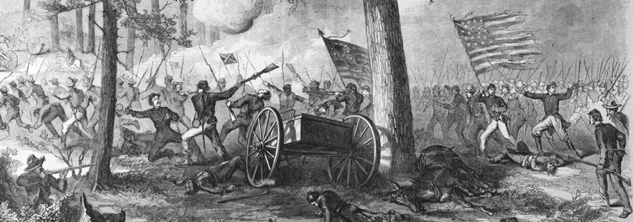 Illustration showing the Union Army charging the Confederate line