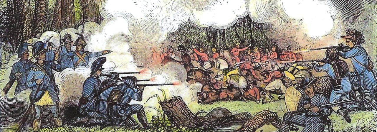 A colorized engraving showing a battle in the woods.