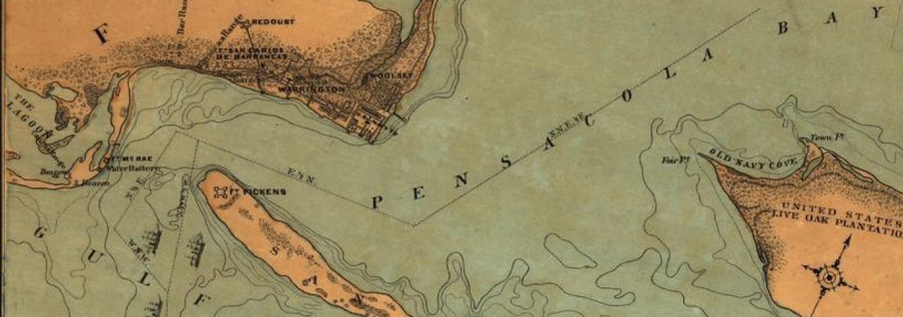 A correct map of Pensacola Bay showing topography of the coast, Fort Pickens, U.S. Navy Yard, and all other fortifications from the latest Government surveys.