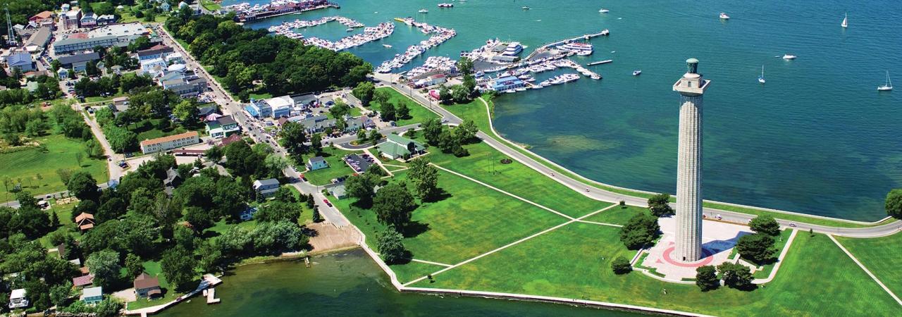 An aerial shot of Perry’s Victory and International Peace Memorial and Put-in-Bay, Ohio