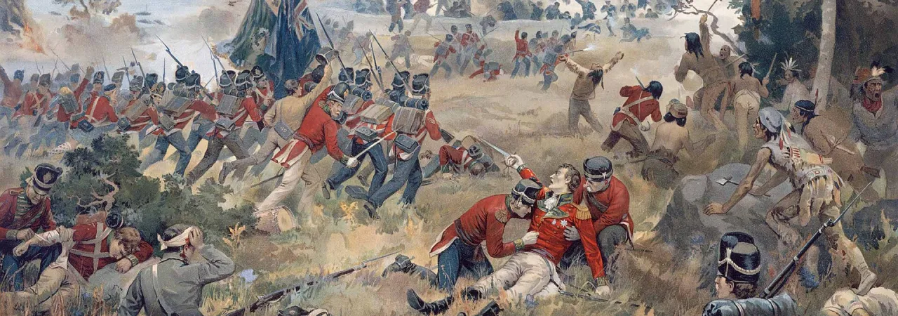 Historical illustration depicting British Major General Isaac Brock being mortally wounded while leading troops at the Battle of Queenston Heights during the War of 1812.