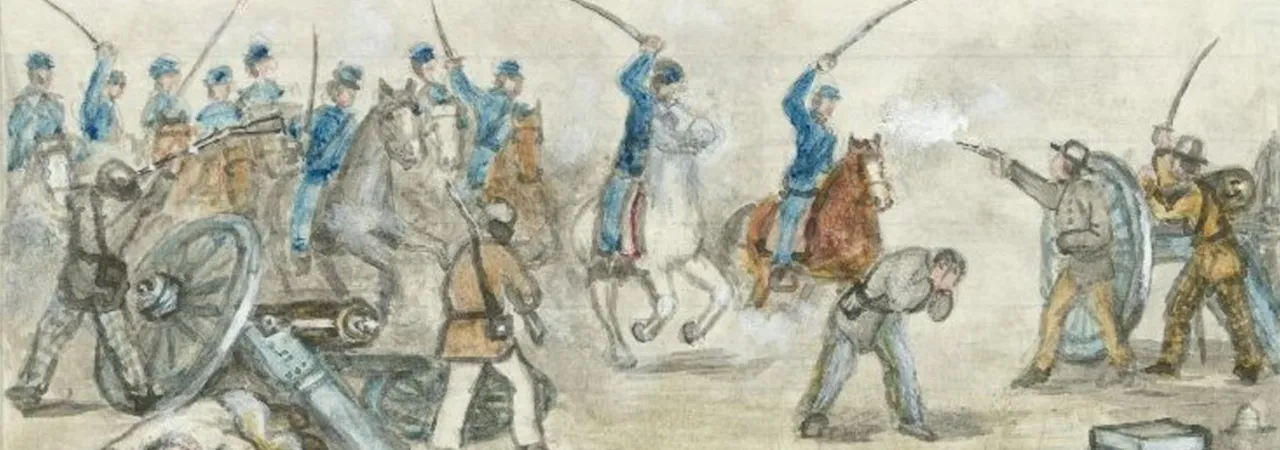 Watercolor painting by Samuel J. Reader depicting the Battle of Mine Creek, an 1864 Civil War cavalry engagement in Kansas.