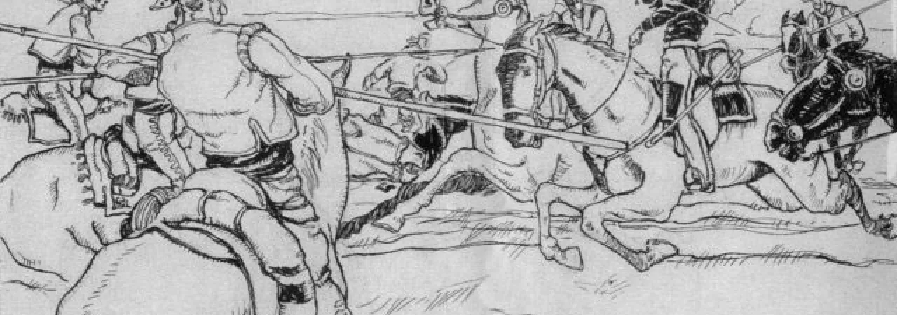 pencil drawing of a cavalry battle