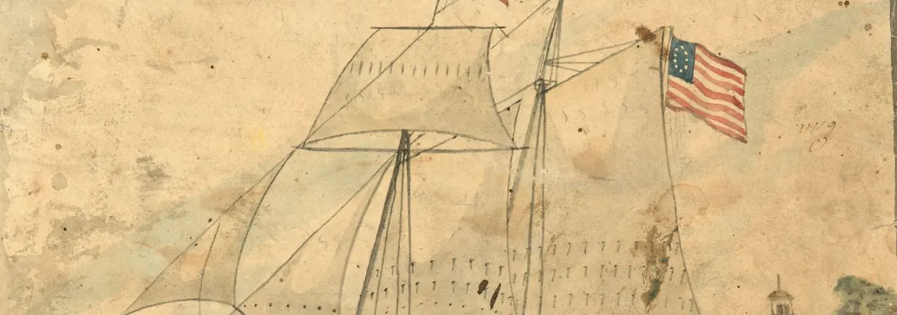 drawing of a small ship at sea with an American flag