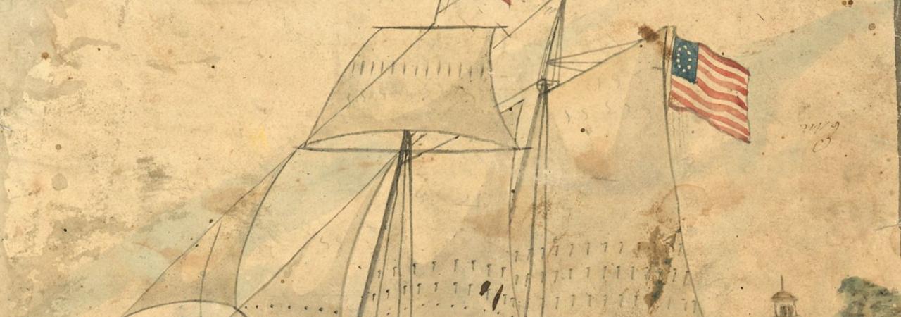 drawing of a small ship at sea with an American flag