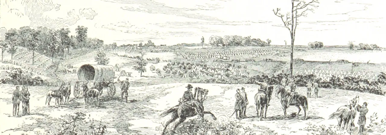 Lithograph of a man on horseback in the foreground and soldiers in the background.