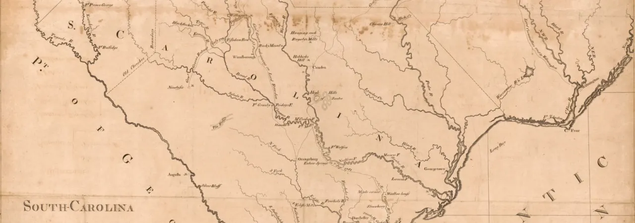 Map of the State of South Carolina showing the movement of the American and British troops during the American Revolution.