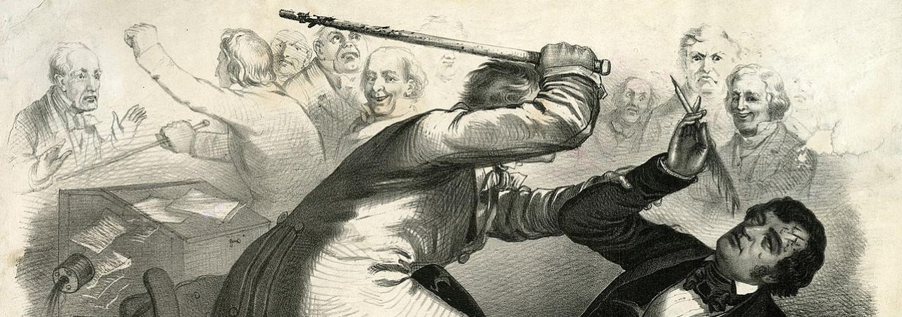 Political caricature of the caning of Charles Sumner, which occurred on May 22, 1856, depicting Sumner on the floor as Preston Brooks lunges at him in retaliation for a speech given by Sumner criticizing slaveholders. 