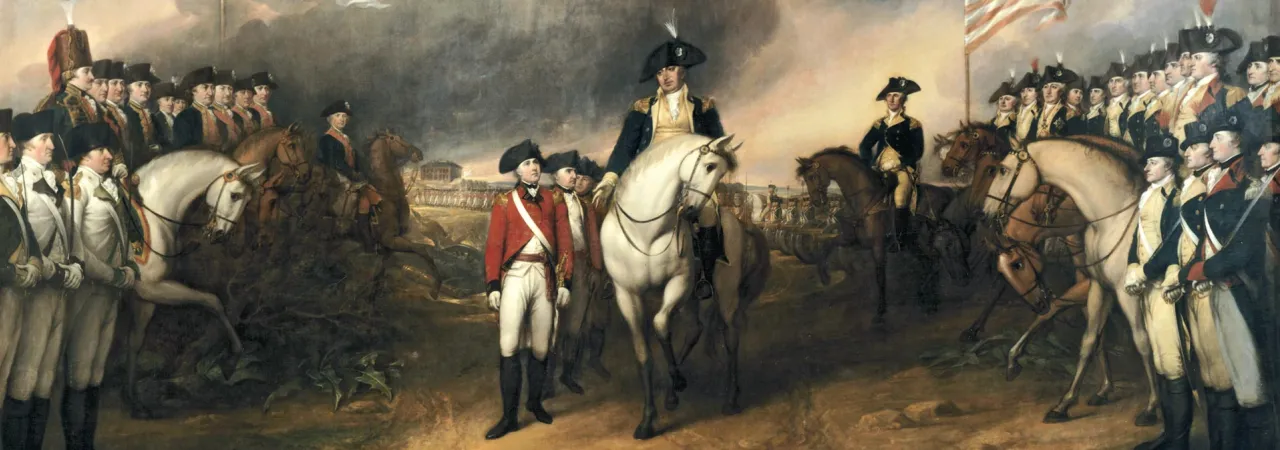 An oil painting depicting the the surrender of British Lieutenant General Charles, Earl Cornwallis at Yorktown, Va. on October 19, 1781.