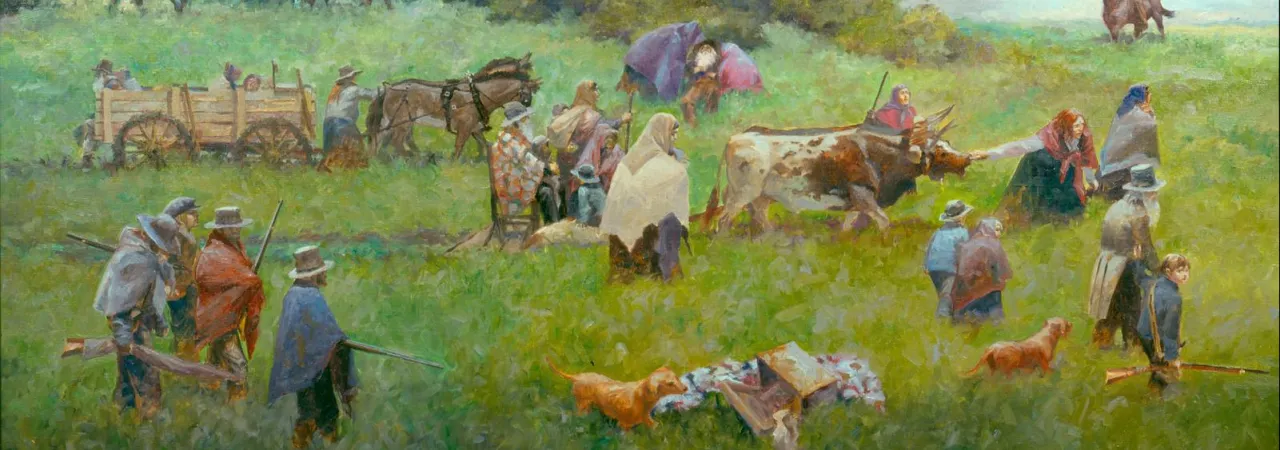 Oil on canvas painting depicting Texan civilians during the "Runaway Scrape."