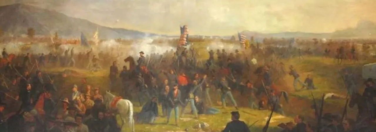 Oil painting created by Julian Scott of the Battle of Cedar Creek
