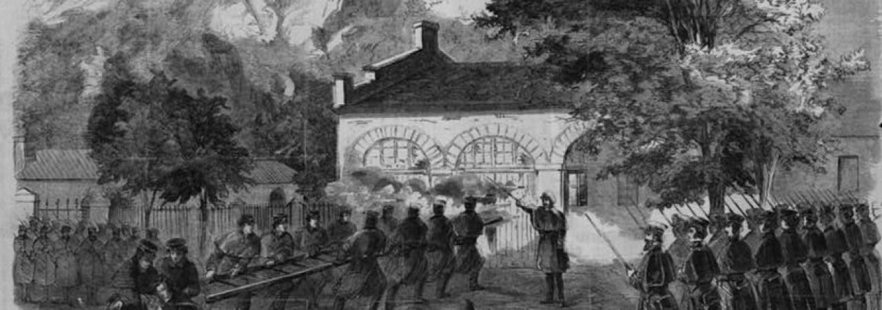 The Harper's Ferry insurrection--The U.S. Marines storming the engine house--Insurgents firing through holes in the doors