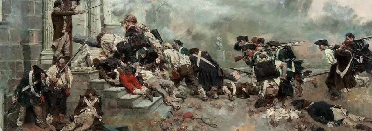 American soldiers assault the fortified Chew House during the Battle of Germantown, depicted in an oil painting by Howard Pyle.