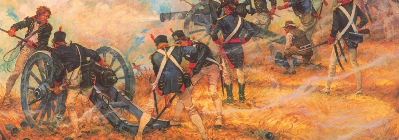 Painting depicting U.S. Marines manning artillery against advancing British forces at the Battle of Bladensburg, Maryland, on August 24, 1814.