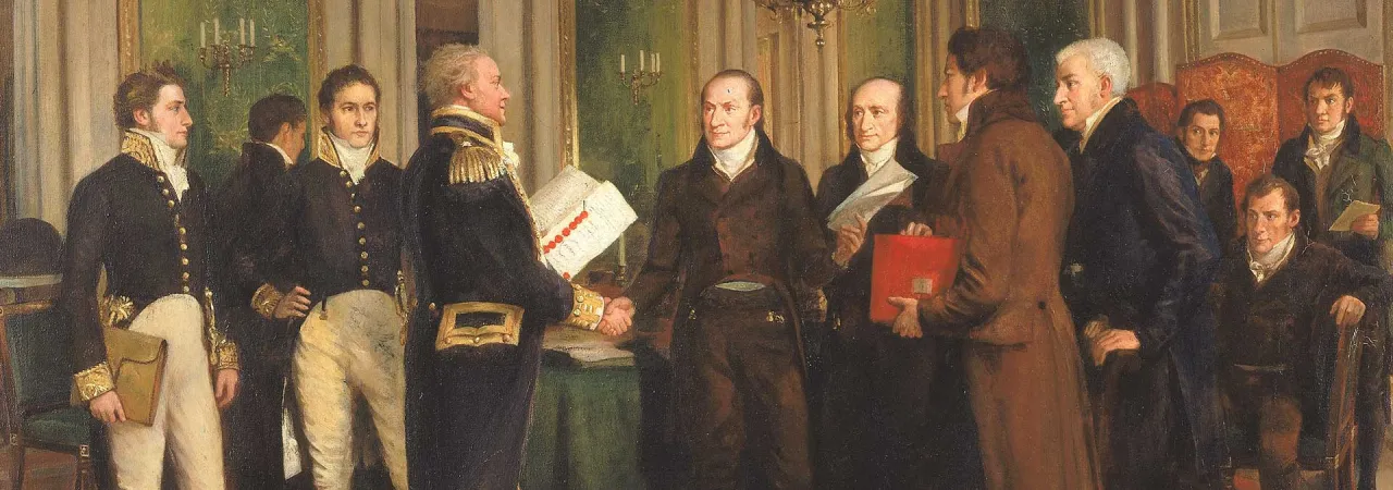 Delegates from the United States and Great Britain gather around a table to sign the Treaty of Ghent, ending the War of 1812, in a formal interior on Christmas Eve 1814.