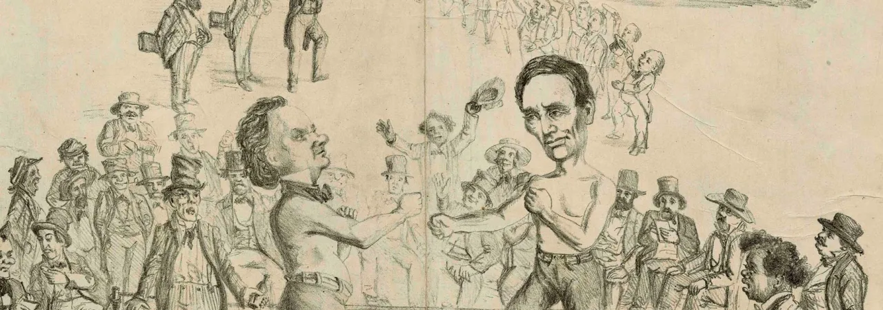 Lincoln and Stephen Douglas engage in a boxing match before the Whitehouse and onlookers.