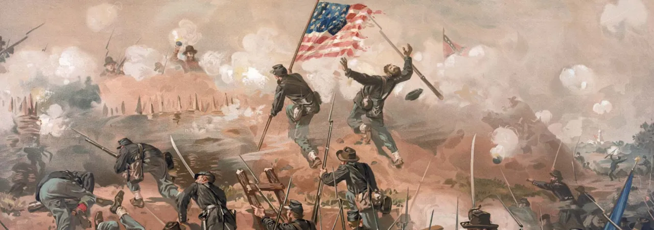 Color print depicting Union forces advancing under fire during the Siege of Vicksburg in 1863.