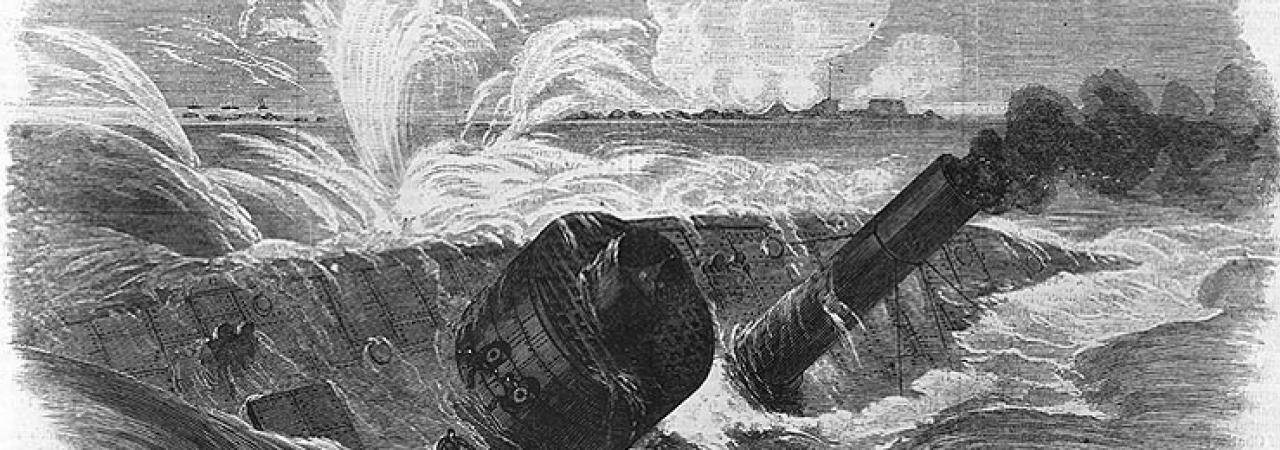 The USS Tecumseh strikes a mine and sinks