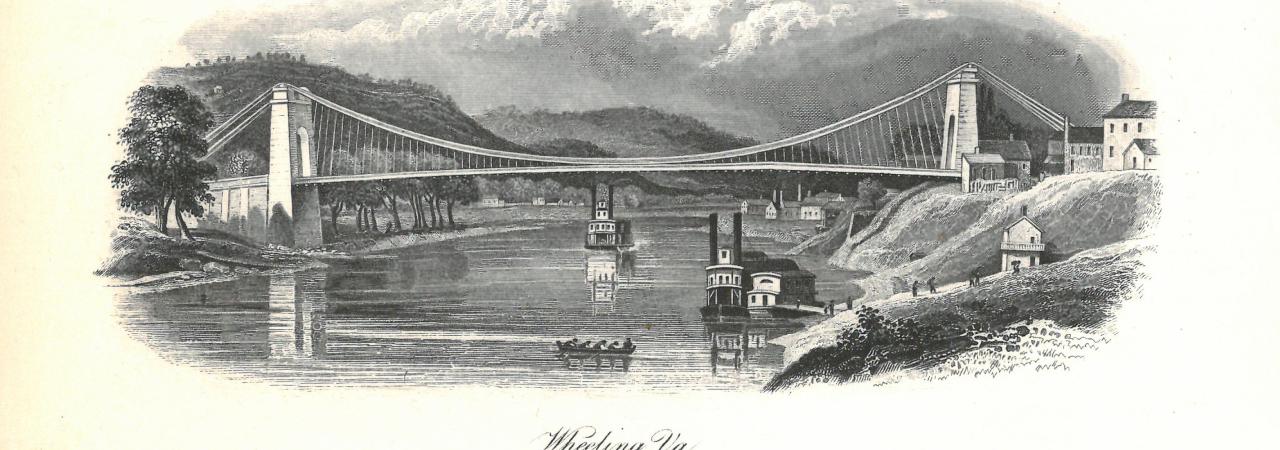 Lithograph of the Wheeling Suspension Bridge in West Virginia