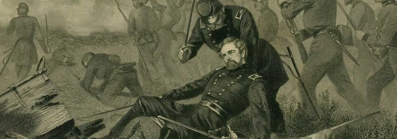 Illustration depicting the mortally wounded Union General Isaac Stevens grasping an American flag during the Battle of Chantilly, Virginia, in 1862.