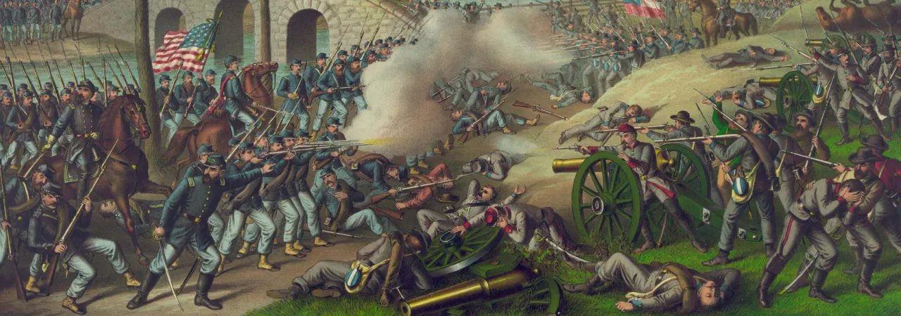Color lithograph depicting Union and Confederate troops engaged in battle at Antietam, with infantry and artillery fighting across the landscape.