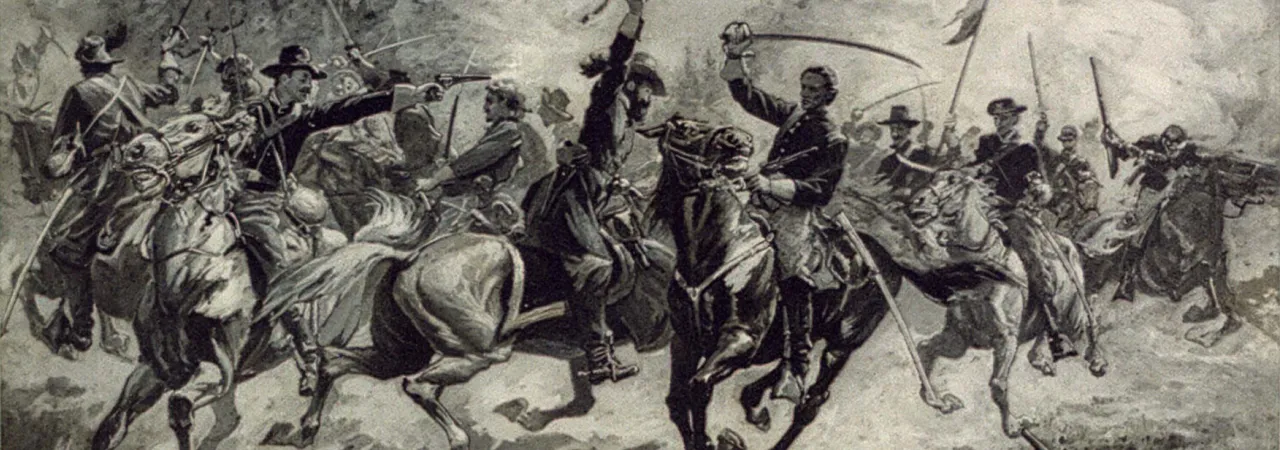 Illustration of mounted cavalrymen engaged in close combat with sabers at Beverly Ford during the Battle of Brandy Station.
