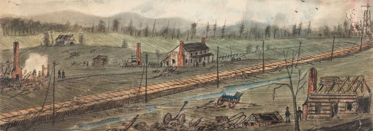 A sketch of Bristoe Station made in 1862 shows that many of the buildings had been burned to the ground during the Second Manassas Campaign.