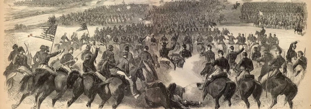 Illustration of Union cavalry attack at St. James Church on the Brandy Station Battlefield