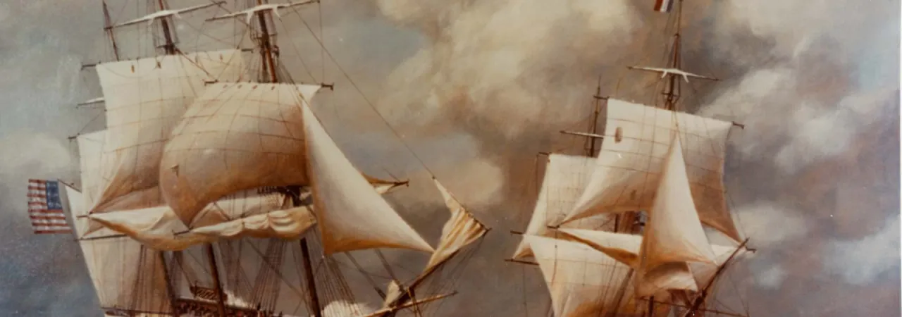 The USS Constellation maneuvers ahead of the French frigate Insurgente during their naval engagement on February 9, 1799, with both sailing warships exchanging cannon fire in rough seas during the Quasi-War.