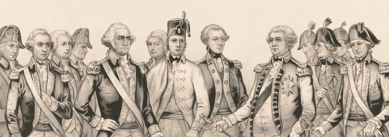 Lithograph depicting the British surrender at Yorktown, Virginia, on October 19, 1781, with American and French troops assembled for the ceremony.