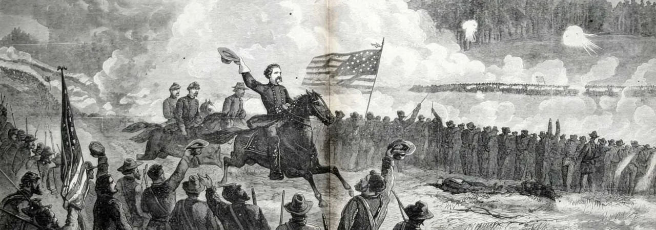 Civil War illustration by Theodore R. Davis depicting Maj. Gen. John A. Logan on horseback amid Union troops repelling a Confederate assault at the Battle of Dallas, Georgia, on May 28, 1864.