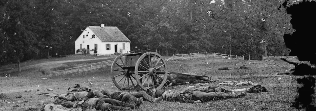 Alexander Gardner's famous photo of Confederate dead before the Dunker Church on the Antietam Battlefield