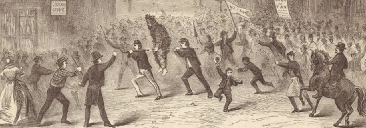 Historical illustration depicting the tarring and feathering of a man during the Whiskey Rebellion in Pennsylvania.