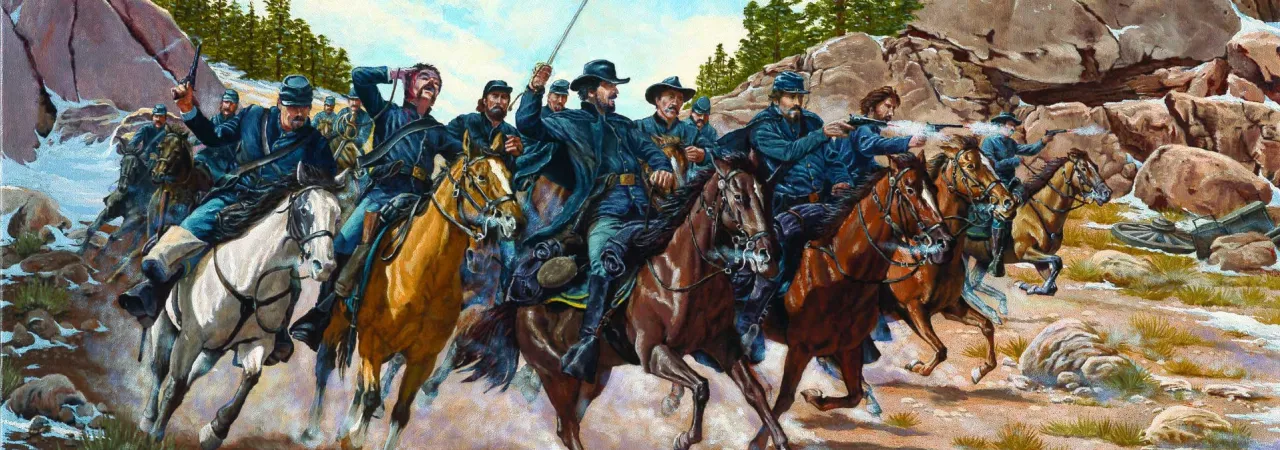 Historical painting depicting Union and Confederate forces engaged at Apache Canyon during the Battle of Glorieta Pass in New Mexico Territory.