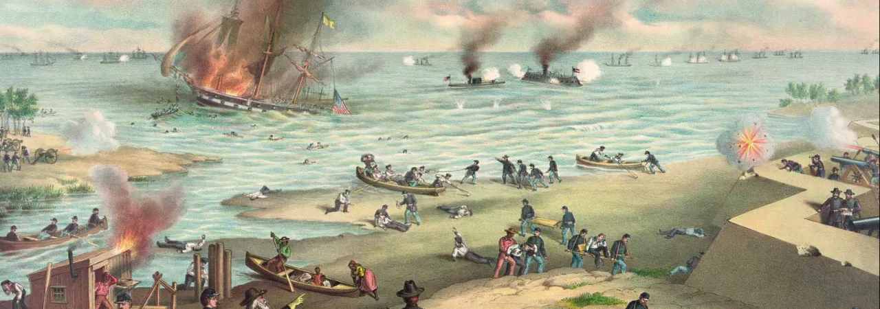 Colorful nineteenth-century chromolithograph depicting the ironclads USS Monitor and CSS Virginia