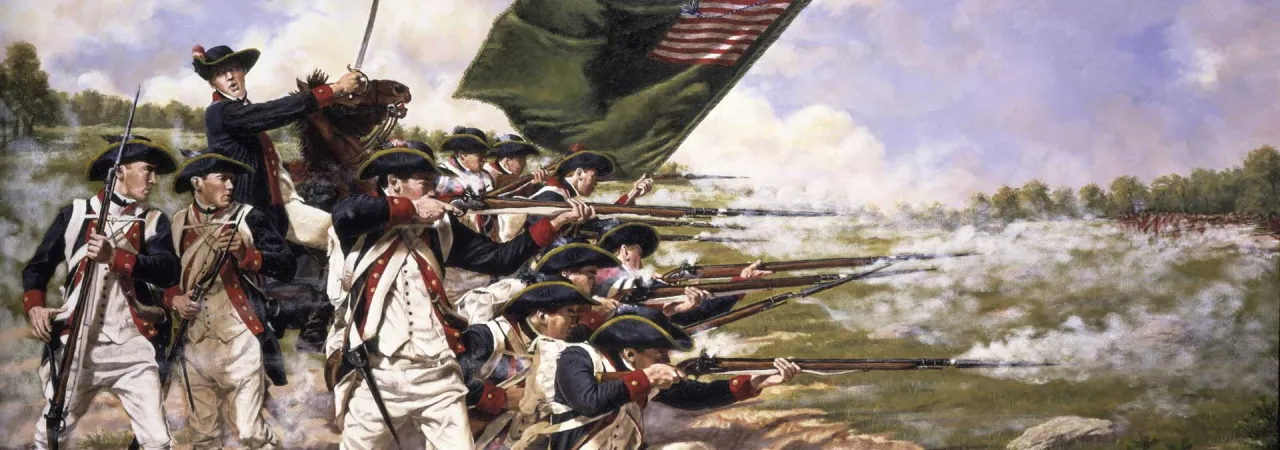 This painting depicts soldiers firing in a line at the Battle of Long Island. 