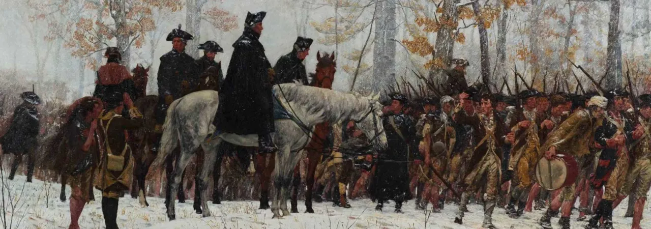 Painting of George Washington on horseback leading weary Continental Army soldiers through the snow toward Valley Forge in 1777.
