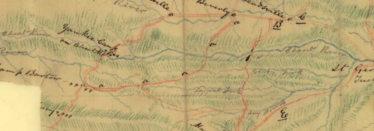 Hand-drawn 1861 map of mountainous western Virginia showing roads, communities and military positions in the Rich Mountain and Cheat Mountain region.