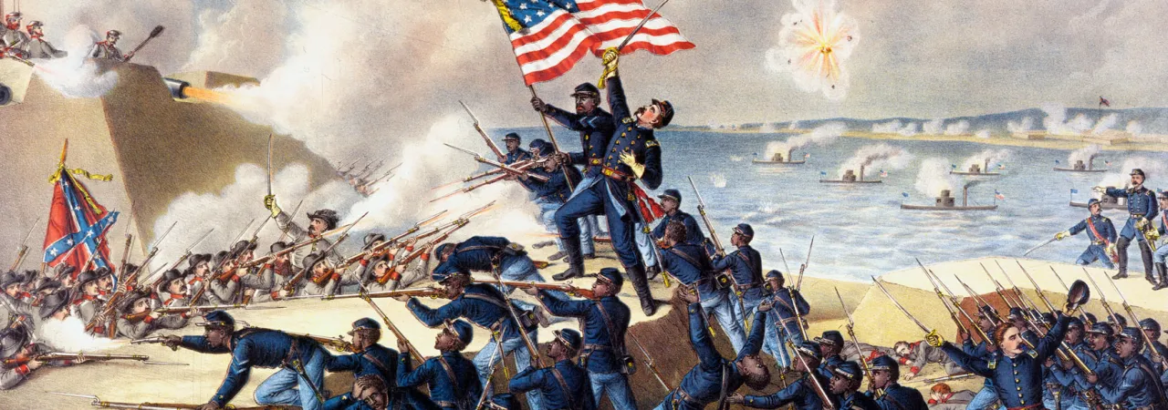 Color lithograph depicting Union soldiers of the 54th Massachusetts Infantry storming the Confederate defenses of Fort Wagner, South Carolina, during the Civil War.