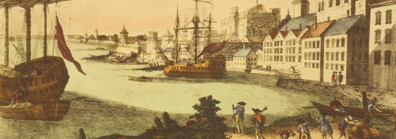 View of Boston toward the harbor wharf