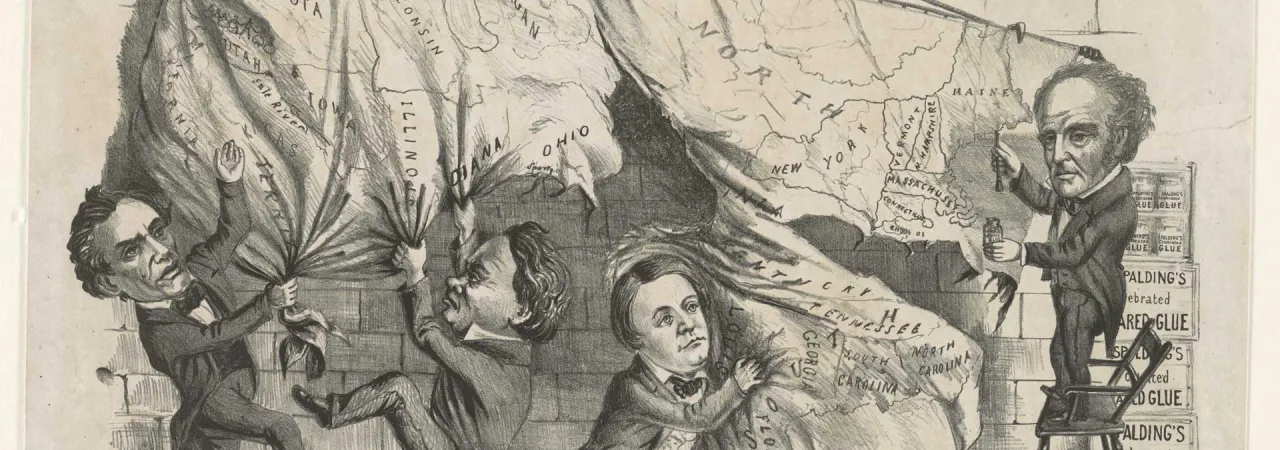 1860 political cartoon showing presidential candidates Abraham Lincoln, Stephen A. Douglas and John C. Breckinridge tearing apart a map of the United States while John Bell attempts to repair it.