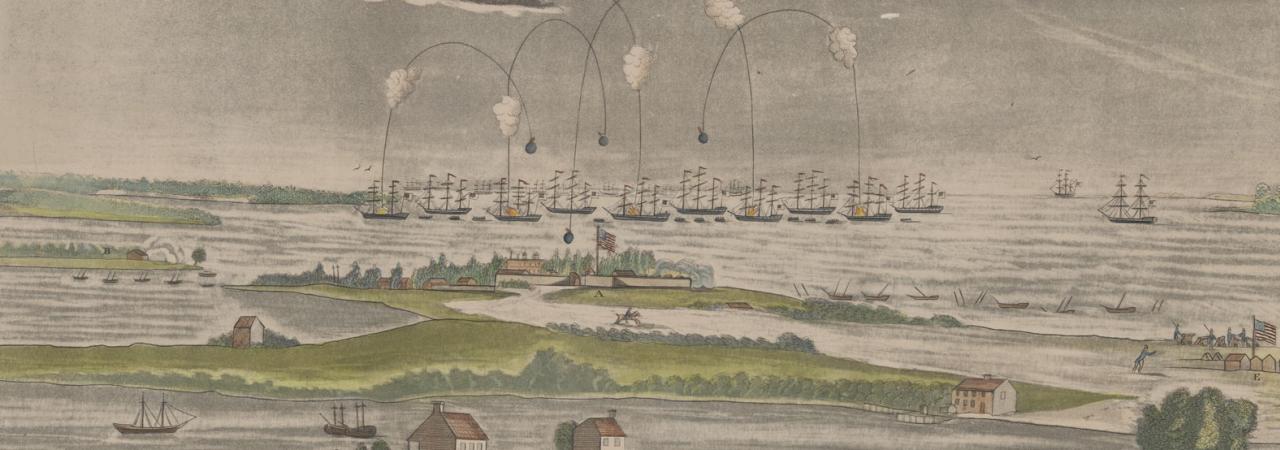 British fleet bombarding Fort McHenry, Baltimore, Maryland, during the War of 1812.