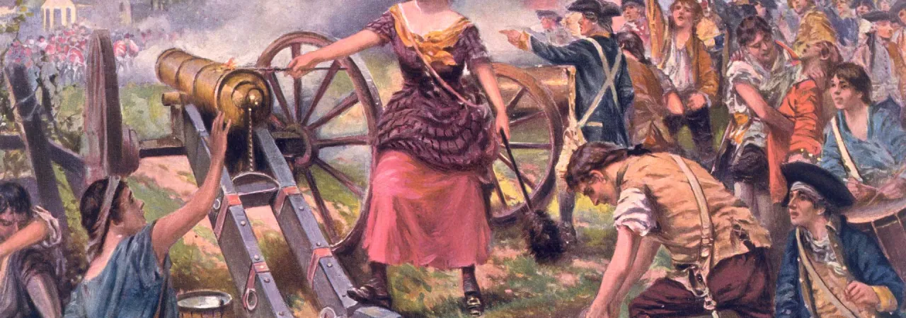 A painting depicting a woman in stylized colonial dress standing behind a cannon. She is surrounded by men, one of which kneels at a stack of cannon balls at her feet. Men rally under an American flag in the distance. 