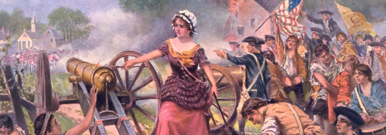 A painting depicting a woman in stylized colonial dress standing behind a cannon. She is surrounded by men, one of which kneels at a stack of cannon balls at her feet. Men rally under an American flag in the distance. 