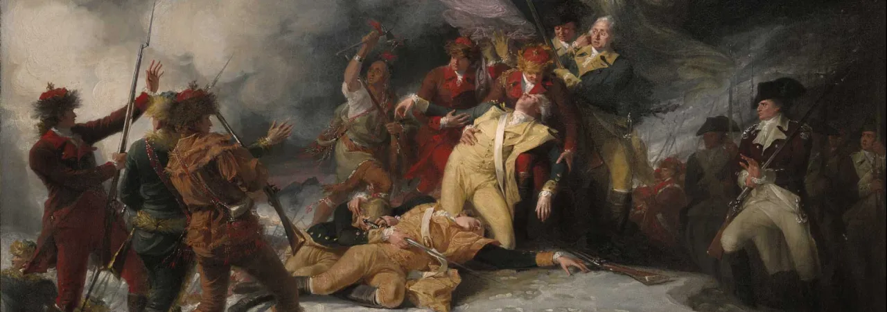 Dramatic history painting showing American general Richard Montgomery collapsing after being struck during the snowy assault on Quebec, as soldiers around him react amid smoke, weapons, and confusion.