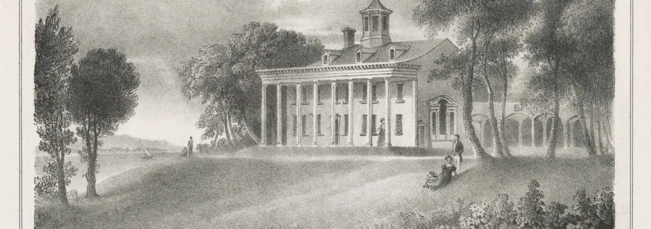 1832 lithograph showing George Washington’s Mount Vernon estate overlooking the Potomac River in Virginia.